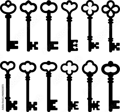 vintage black silhouette keys arranged in rows