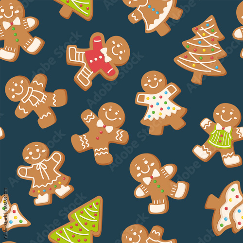 Seamless Christmas gingerbread pattern. Cartoon holiday background with gingerbread men. Vector print for holiday decoration, wrapping paper and textile.