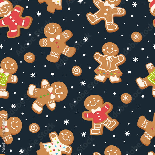 Seamless pattern with Christmas gingerbread men and snowflakes. Cartoon holiday background with gingerbread cookies. Vector print for holiday decoration, wrapping paper and textiles.