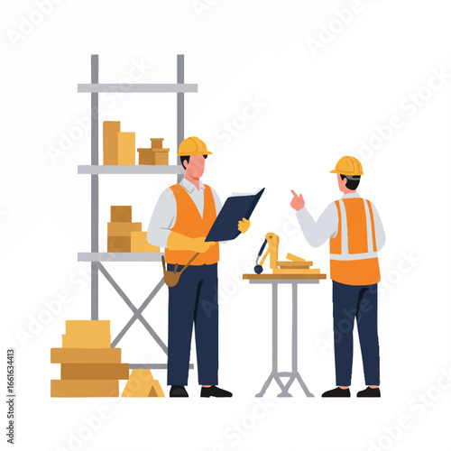 Two construction professionals in safety gear meticulously discuss project plans and inspect a miniature excavator model, showcasing efficient teamwork.