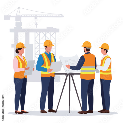 A team of diverse construction engineers and architects collaborate on building plans at an active site, ensuring project success and safety.