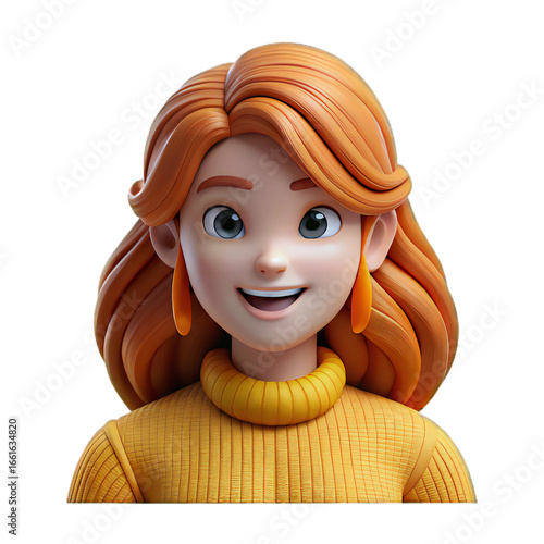 A cheerful cartoon woman with ginger hair and blue eyes, wearing a yellow sweater, isolated on a transparent background