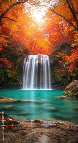 Majestic Waterfall in a Fiery Autumn Forest fall foliage