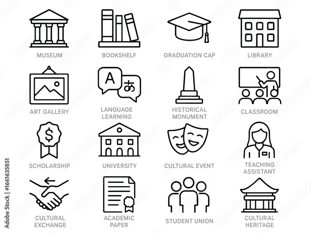 Naklejka premium Set of 16 thin line icons representing education and culture, including museum, bookshelf, graduation cap, library, art gallery, language learning, and more.