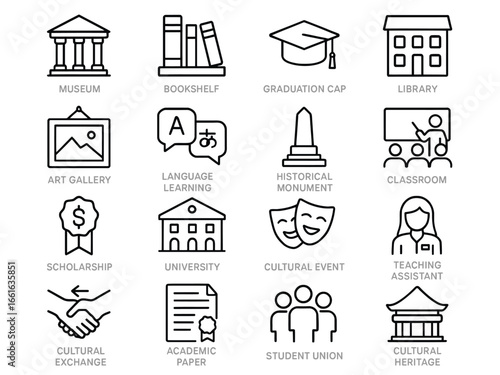Set of 16 thin line icons representing education and culture, including museum, bookshelf, graduation cap, library, art gallery, language learning, and more.