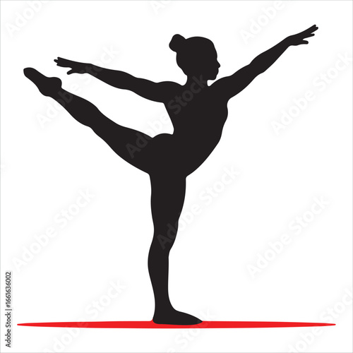 Black silhouette of a woman in a dancer's pose. Isolated vector icon for yoga, ballet, fitness, or wellness on a white background.