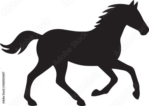 A silhouette of a horse running with its mane and tail flowing freely on a white isolated background