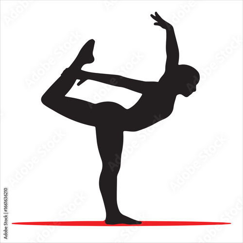 Vector silhouette of a graceful yogi performing the Lord of the Dance pose, Natarajasana, on a red mat for balance and wellness.