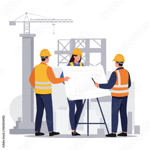 A collaborative team of construction professionals, including architects and engineers, meticulously examines detailed blueprints on-site, planning a complex building project.