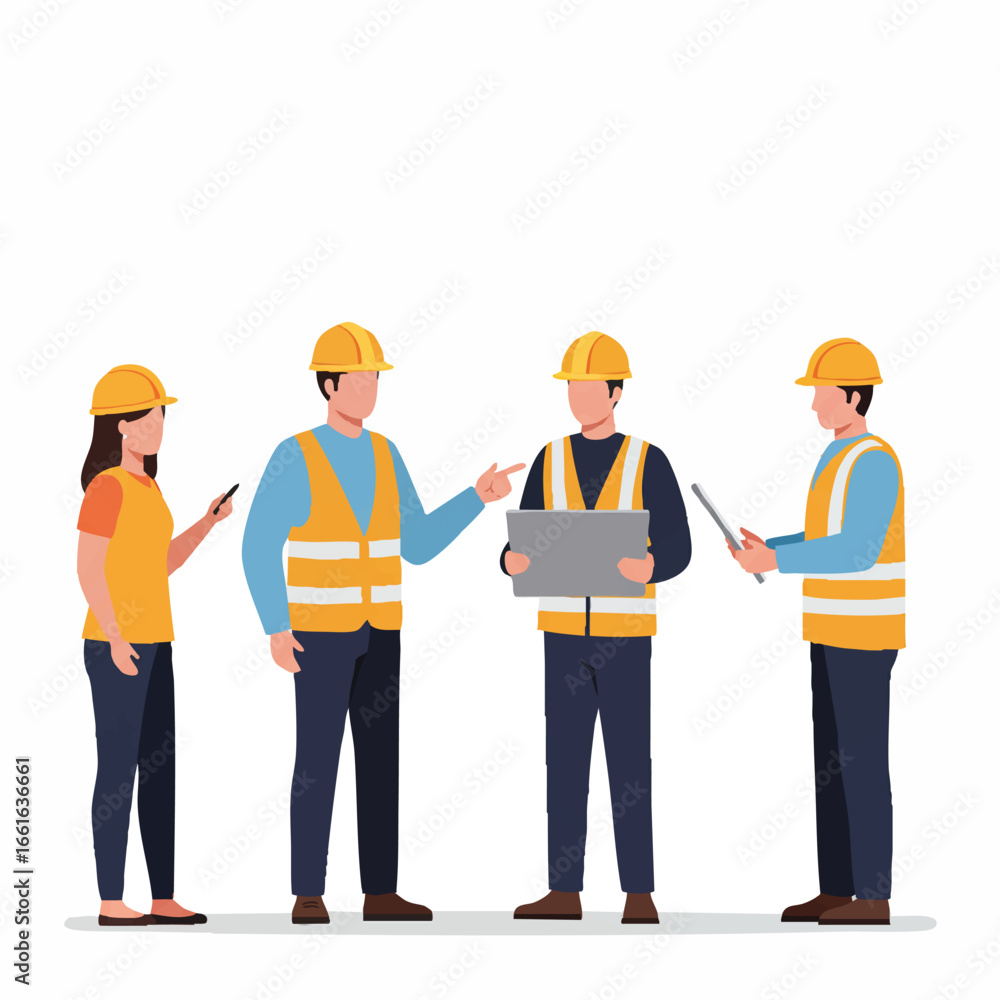 Obraz premium A collaborative team of construction professionals and engineers, in safety gear, diligently discusses and reviews important project plans for site development.