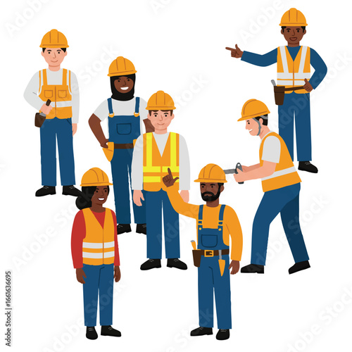 A diverse group of male and female construction workers in safety gear, ready for teamwork and building projects on an industrial site.