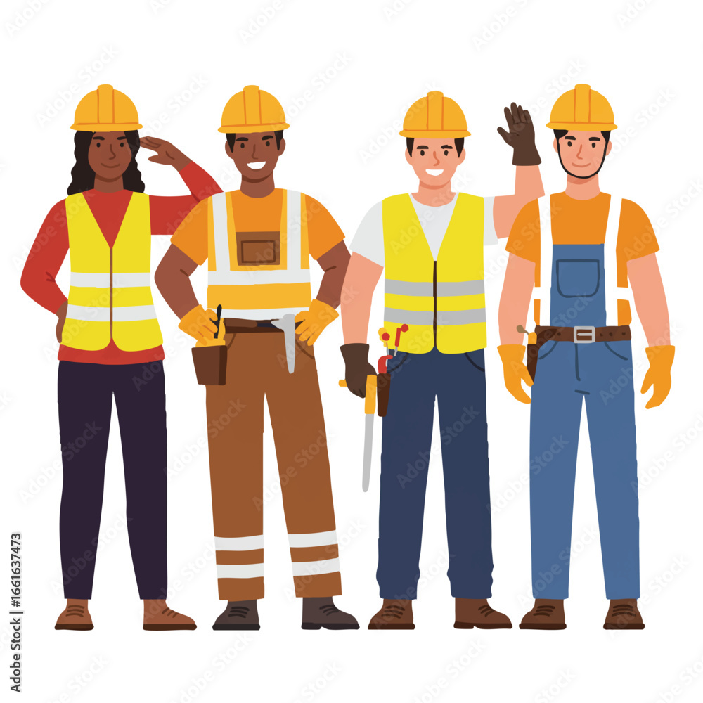 A diverse and professional team of construction workers, equipped with safety gear, stands confidently, embodying teamwork and dedication within the industry. A diverse and professional team of construction workers, equipped with safety gear, stands confidently, embodying teamwork and dedication within the industry.