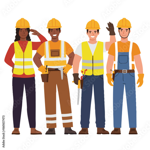 A diverse and professional team of construction workers, equipped with safety gear, stands confidently, embodying teamwork and dedication within the industry.
