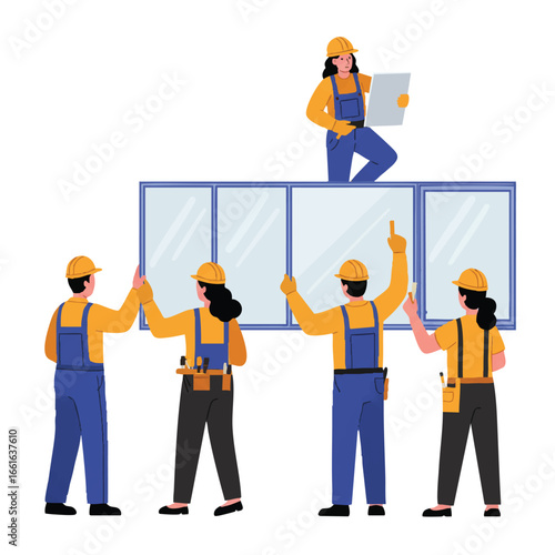 A dedicated team of skilled construction workers collaboratively installs large window frames into a new building project, demonstrating teamwork and efficiency.