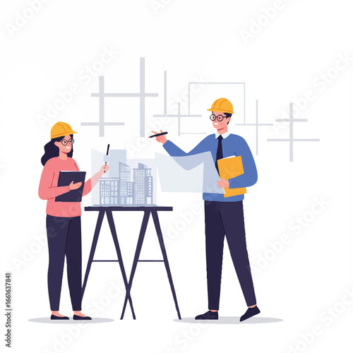 Two dedicated architects wearing safety hard hats meticulously review blueprints and a detailed building model, collaborating on an innovative urban development project.
