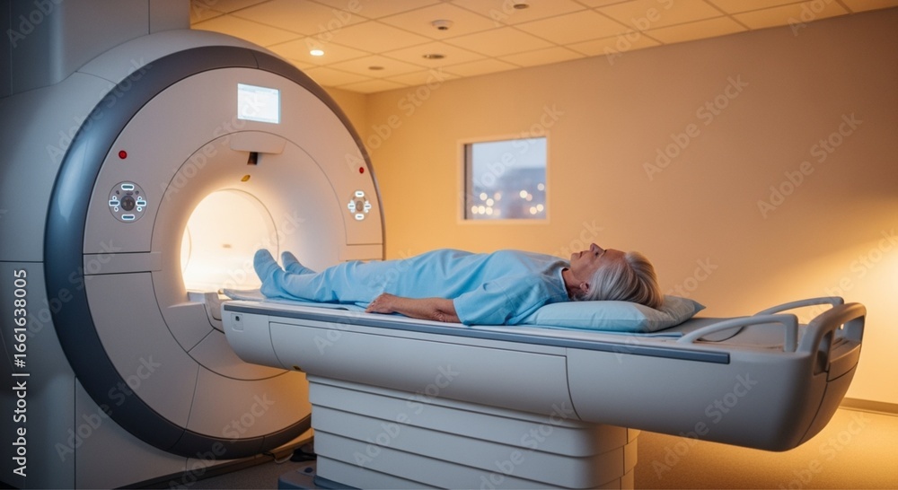 Fototapeta premium Senior female with grey hair lying on a patient table at MRI scanner.