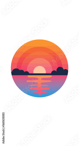 A stylized, circular depiction of a vibrant sunset over a calm body of water, with layered clouds and a reflection.