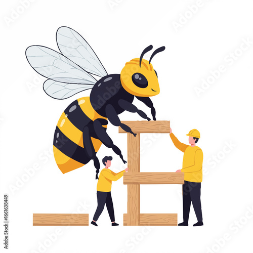 A friendly cartoon bee wearing a yellow hard hat actively collaborates with two small human construction workers, diligently building a wooden structure together.