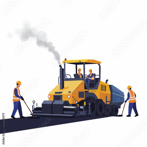 Construction workers, wearing safety gear, operate an asphalt paver and hand tools, meticulously laying fresh blacktop for road development.