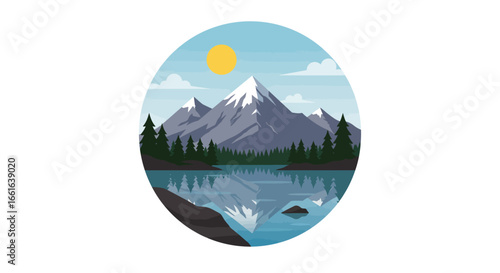 A serene landscape featuring snow-capped mountains reflected in a calm lake, surrounded by evergreen trees under a bright sun.