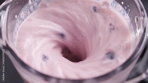 Pink fruit smoothie with berries and milk whirling in a blender, creating a dynamic vortex, close-up top view.