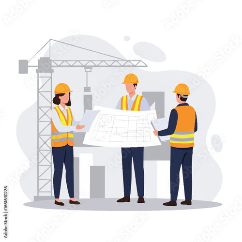 A team of diverse engineers and architects wearing safety gear collaborates on a bustling construction site, reviewing blueprints and discussing project plans.