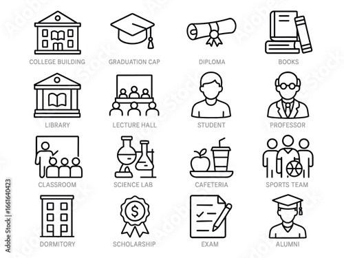 Set of 16 thin line icons representing college life, including college building, graduation cap, diploma, books, library, student, professor, classroom, exam, and alumni.