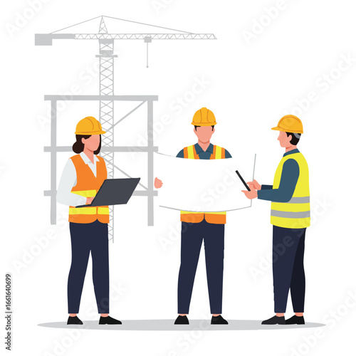 A team of diverse construction engineers and architects collaborate on site, reviewing blueprints and digital plans for an ongoing building project.