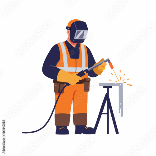 A professional welder in full safety gear, including a helmet and high-visibility vest, expertly performs metal fabrication with a torch, generating sparks.