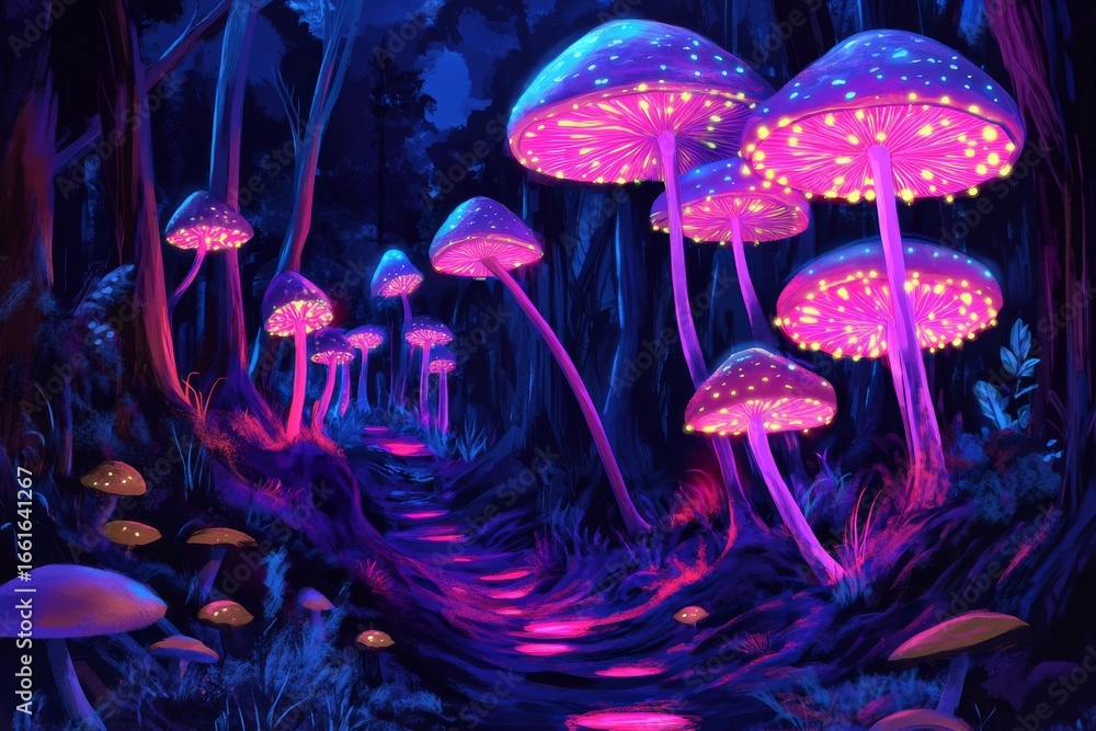 Obraz premium Enchanted pathway in dreamlike forest with glowing mushrooms for fantasy journey