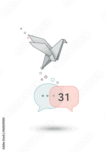 Origami bird taking flight above overlapping speech bubbles with the number 31 displayed on one.