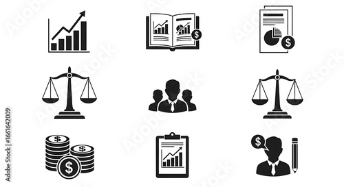 Collection of black and white business and finance icons including graphs scales and people chart