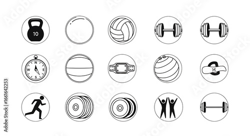 Collection of Fifteen Circular Icons Representing Fitness and Sports Equipment and Activities exercise