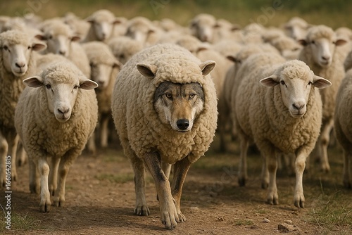 A cunning wolf in sheep's clothing walks among a flock in an open meadow, symbolizing deception, betrayal, and false appearances. A concept for digital security and insurance companies.