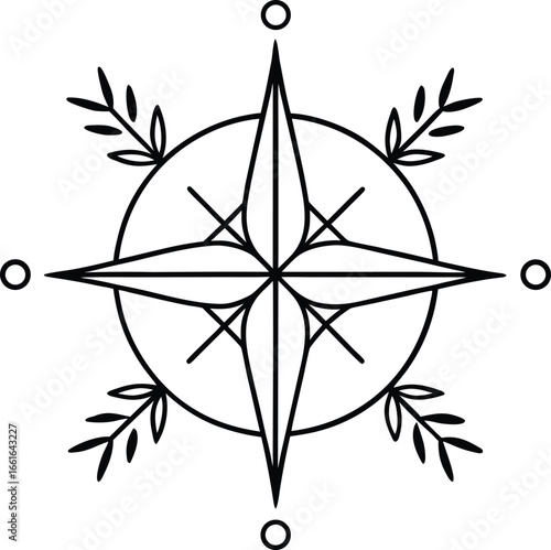 A simple compass rose with botanical elements illustration.