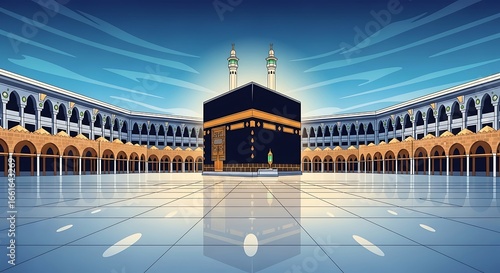 Illustrated Kaaba in Mecca with Reflective Courtyard and Minarets Against a Blue Sky