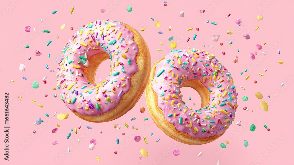 Two sweet pink glazed donuts with colorful sprinkles on pastel background with flying candy pieces around