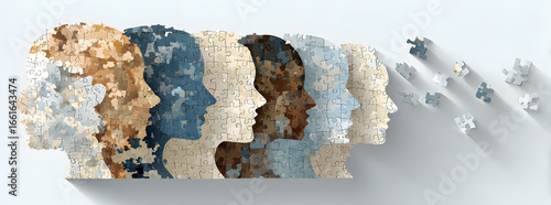 Forme diverse di teste umane. La gente comporre la testa fatta a puzzle con pezzi mancanti. Concetto di identità delle persone - Illustrazione vettoriale