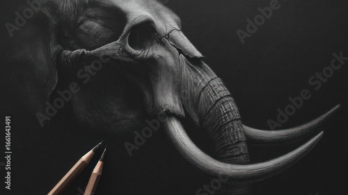 Striking charcoal art of an elephant skull, rendered with intricate detail, dark background