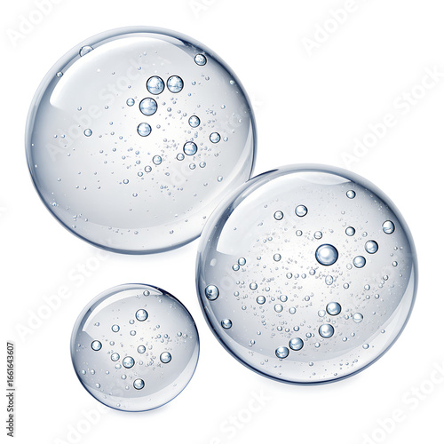 Isolated transparent clear bubbles and liquid spheres float, showcasing purity and simple abstract forms for various designs.