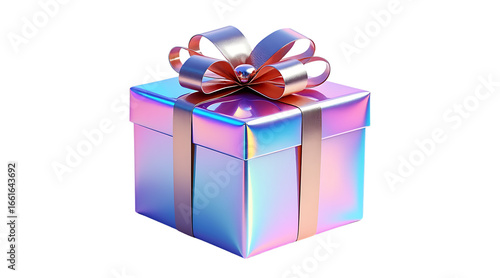 Shiny iridescent gift box tied with a festive bow perfect for celebrations and special occasions