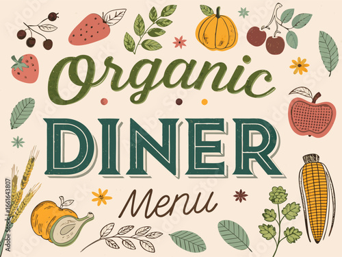 Eco-conscious retro diner menu as abstract art, mid-century fonts listing organic ingredients