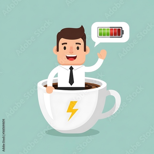 International coffee day energetic businessman in a coffee cup with a full battery symbol, representing high energy and motivation for work