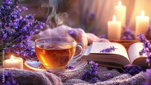 Relaxing still life with steaming herbal tea in a transparent cup, lavender bouquet, book, and burning candles, symbolizing evening relaxation and wellness.
