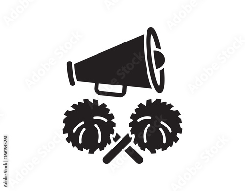 Cheerleading icon in black. Megaphone and pom-poms. A group that supports sports teams. Activities in schools and universities. Dance performance. Silhouette symbol.