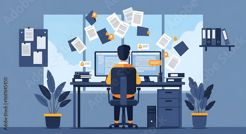 Overwhelmed Office Worker at a Desk with Flying Papers and Multiple Computer Screens image photo