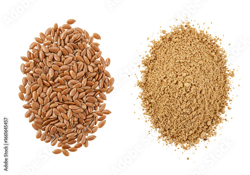 Flax seeds and meal high contrast studio shot of brown seeds and light brown powder