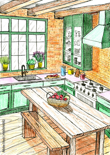 Colorful Hand-Drawn Rustic Kitchen Interior Sketch