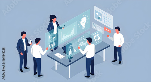 DX推進とサステナビリティ実現に向け協力する多様なチーム。未来のビジネス会議を描いたベクターイラスト。