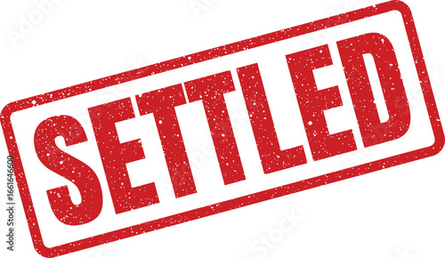 Red grunge settled stamp vector, rectangular frame effect indicating resolution, achievement or conclusion